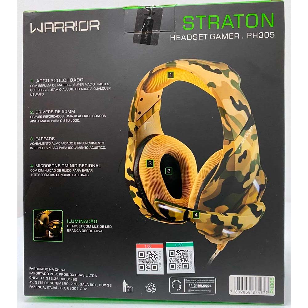 Headset Gamer Warrior Straton, LeD Branco, Cabo Usb Drivers 50mm